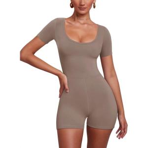 imageREORIA Womens Sexy Romper Scoop Neck Short Sleeve One Piece Workout Yoga Bodycon Short Casual JumpsuitTaupe