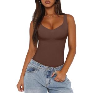 imageREORIA Womens Summer Tank Bodysuits Trendy Sexy Leotard V Neck Sleeveless Bodysuits TopsCoffee