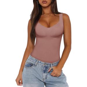 imageREORIA Womens Summer Tank Bodysuits Trendy Sexy Leotard V Neck Sleeveless Bodysuits TopsGray Purple