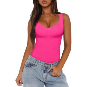 imageREORIA Womens Summer Tank Bodysuits Trendy Sexy Leotard V Neck Sleeveless Bodysuits TopsNeon Rose Red