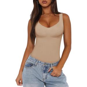 imageREORIA Womens Summer Tank Bodysuits Trendy Sexy Leotard V Neck Sleeveless Bodysuits TopsNude