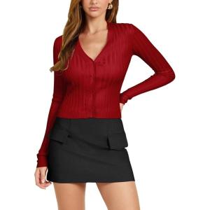 imageREORIA Womens Trendy V Neck Open Front Lightweight Button Down Knit Cardigan Long Sleeve Cropped Sweaters Fall OutfitsRed