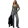 imageREORIA Double Lined Shirts for Women 2024 Fall Fashion Square Neck Basics Y2K Tops Layering Slim Fitted TopGrey Green