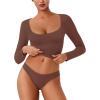 imageREORIA Womens Long Sleeve Scoop Neck Shirts Slim Double Lined Fashion Layering Fall Basic Crop TopsCoffee
