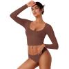 imageREORIA Womens Long Sleeve Scoop Neck Shirts Slim Double Lined Fashion Layering Fall Basic Crop TopsCoffee