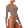 imageREORIA Womens Long Sleeve Scoop Neck Shirts Slim Double Lined Fashion Layering Fall Basic Crop TopsLight Coffee