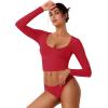 imageREORIA Womens Long Sleeve Scoop Neck Shirts Slim Double Lined Fashion Layering Fall Basic Crop TopsRed