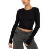 imageREORIA Womens Sexy Crew Neck Long Sleeve Basic Layering T Shirts Slim Fitted Lightweight Y2K Going Out Crop TopBlack