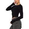 imageREORIA Womens Sexy Crew Neck Long Sleeve Basic Layering T Shirts Slim Fitted Lightweight Y2K Going Out Crop TopBlack