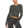 imageREORIA Womens Sexy Crew Neck Long Sleeve Basic Layering T Shirts Slim Fitted Lightweight Y2K Going Out Crop TopGrey Green