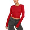 imageREORIA Womens Sexy Crew Neck Long Sleeve Basic Layering T Shirts Slim Fitted Lightweight Y2K Going Out Crop TopRed