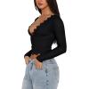 imageREORIA Womens Sexy VNeck Long Sleeve Shirts Double Lined Slim Fitted Trendy Lace Y2K Going Out Crop TopBlack