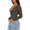 imageREORIA Womens Sexy VNeck Long Sleeve Shirts Double Lined Slim Fitted Trendy Lace Y2K Going Out Crop TopGrey Green