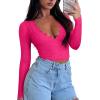 imageREORIA Womens Sexy VNeck Long Sleeve Shirts Double Lined Slim Fitted Trendy Lace Y2K Going Out Crop TopNeon Rose Red