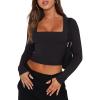 imageREORIA Double Lined Shirts for Women 2024 Fall Fashion Square Neck Basics Y2K Tops Layering Slim Fitted TopBlack