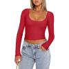 imageREORIA Womens Long Sleeve Scoop Neck Shirts Slim Double Lined Fashion Layering Fall Basic Crop TopsRed