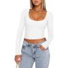 imageREORIA Womens Long Sleeve Scoop Neck Shirts Slim Double Lined Fashion Layering Fall Basic Crop TopsWhite