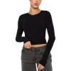 imageREORIA Womens Sexy Crew Neck Long Sleeve Basic Layering T Shirts Slim Fitted Lightweight Y2K Going Out Crop TopBlack