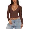 imageREORIA Womens Sexy VNeck Long Sleeve Shirts Double Lined Slim Fitted Trendy Lace Y2K Going Out Crop TopCoffee