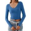 imageREORIA Womens V Neck Long Sleeve Slim Fitted Crop Tops Soft Layering Basic Shirt 2024 Fall Going Out TopBlue