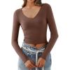 imageREORIA Womens V Neck Long Sleeve Slim Fitted Crop Tops Soft Layering Basic Shirt 2024 Fall Going Out TopCoffee