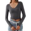 imageREORIA Womens V Neck Long Sleeve Slim Fitted Crop Tops Soft Layering Basic Shirt 2024 Fall Going Out TopDeep Grey