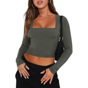 imageREORIA Double Lined Shirts for Women 2024 Fall Fashion Square Neck Basics Y2K Tops Layering Slim Fitted TopGrey Green