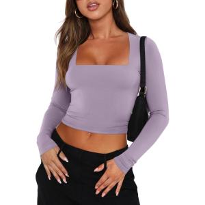 imageREORIA Double Lined Shirts for Women 2024 Fall Fashion Square Neck Basics Y2K Tops Layering Slim Fitted TopHazy Lilac
