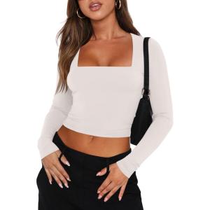 imageREORIA Double Lined Shirts for Women 2024 Fall Fashion Square Neck Basics Y2K Tops Layering Slim Fitted TopOffwhite