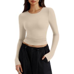 imageREORIA Long Sleeve Shirts for Women 2024 Fall Fashion Round Neck Basics Y2K Tops Layering Slim Fitted TopApricot