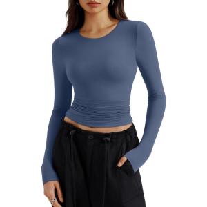 imageREORIA Long Sleeve Shirts for Women 2024 Fall Fashion Round Neck Basics Y2K Tops Layering Slim Fitted TopAzure Blue