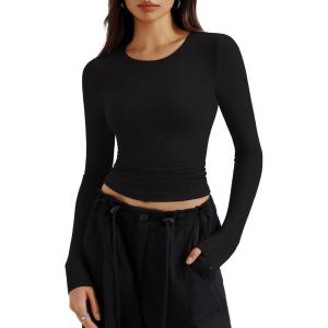 imageREORIA Long Sleeve Shirts for Women 2024 Fall Fashion Round Neck Basics Y2K Tops Layering Slim Fitted TopBlack