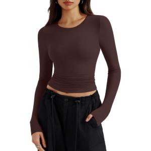 imageREORIA Long Sleeve Shirts for Women 2024 Fall Fashion Round Neck Basics Y2K Tops Layering Slim Fitted TopCocoa