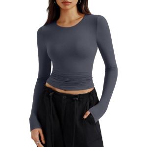 imageREORIA Long Sleeve Shirts for Women 2024 Fall Fashion Round Neck Basics Y2K Tops Layering Slim Fitted TopDeep Grey
