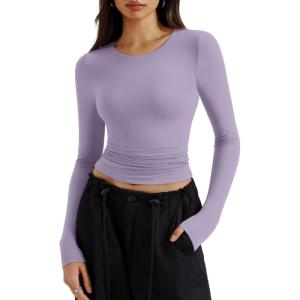 imageREORIA Long Sleeve Shirts for Women 2024 Fall Fashion Round Neck Basics Y2K Tops Layering Slim Fitted TopHazy Lilac