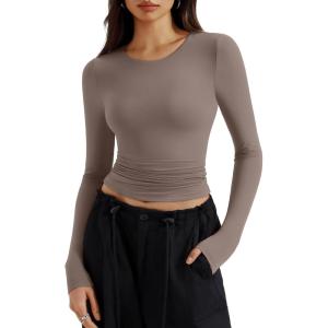 imageREORIA Long Sleeve Shirts for Women 2024 Fall Fashion Round Neck Basics Y2K Tops Layering Slim Fitted TopLight Coffee