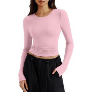 imageREORIA Long Sleeve Shirts for Women 2024 Fall Fashion Round Neck Basics Y2K Tops Layering Slim Fitted TopLight Pink