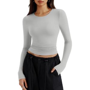 imageREORIA Long Sleeve Shirts for Women 2024 Fall Fashion Round Neck Basics Y2K Tops Layering Slim Fitted TopLinght Grey