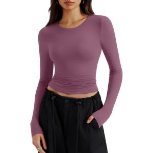 imageREORIA Long Sleeve Shirts for Women 2024 Fall Fashion Round Neck Basics Y2K Tops Layering Slim Fitted TopMasala