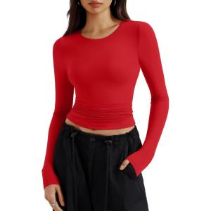 imageREORIA Long Sleeve Shirts for Women 2024 Fall Fashion Round Neck Basics Y2K Tops Layering Slim Fitted TopRed