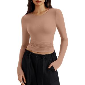 imageREORIA Long Sleeve Shirts for Women 2024 Fall Fashion Round Neck Basics Y2K Tops Layering Slim Fitted TopRoebuck