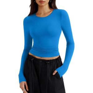 imageREORIA Long Sleeve Shirts for Women 2024 Fall Fashion Round Neck Basics Y2K Tops Layering Slim Fitted TopRoyal Blue