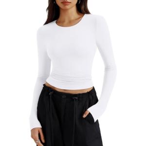 imageREORIA Long Sleeve Shirts for Women 2024 Fall Fashion Round Neck Basics Y2K Tops Layering Slim Fitted TopWhite