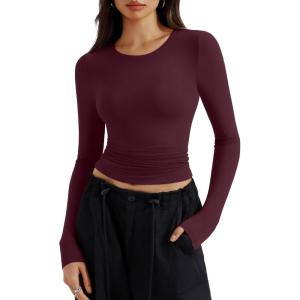 imageREORIA Long Sleeve Shirts for Women 2024 Fall Fashion Round Neck Basics Y2K Tops Layering Slim Fitted TopWine Red