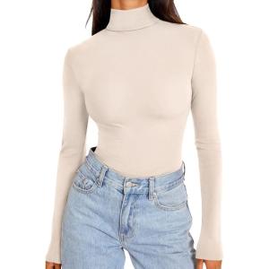 imageREORIA Womens Long Sleeve Mock Turtle Neck Tops Fall Winter Basic Double Lined Layering Lightweight Slim Fitted ShirtsApricot