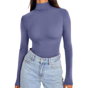 imageREORIA Womens Long Sleeve Mock Turtle Neck Tops Fall Winter Basic Double Lined Layering Lightweight Slim Fitted ShirtsBlue