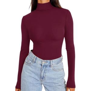 imageREORIA Womens Long Sleeve Mock Turtle Neck Tops Fall Winter Basic Double Lined Layering Lightweight Slim Fitted ShirtsBurgundy