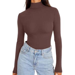 imageREORIA Womens Long Sleeve Mock Turtle Neck Tops Fall Winter Basic Double Lined Layering Lightweight Slim Fitted ShirtsCoffee