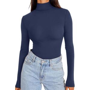 imageREORIA Womens Long Sleeve Mock Turtle Neck Tops Fall Winter Basic Double Lined Layering Lightweight Slim Fitted ShirtsDeep Blue
