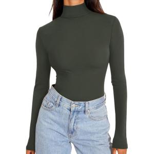 imageREORIA Womens Long Sleeve Mock Turtle Neck Tops Fall Winter Basic Double Lined Layering Lightweight Slim Fitted ShirtsGrey Green